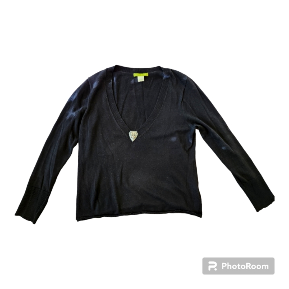 EUC Sigrid Olsen Black Blouse with Brooch Size L